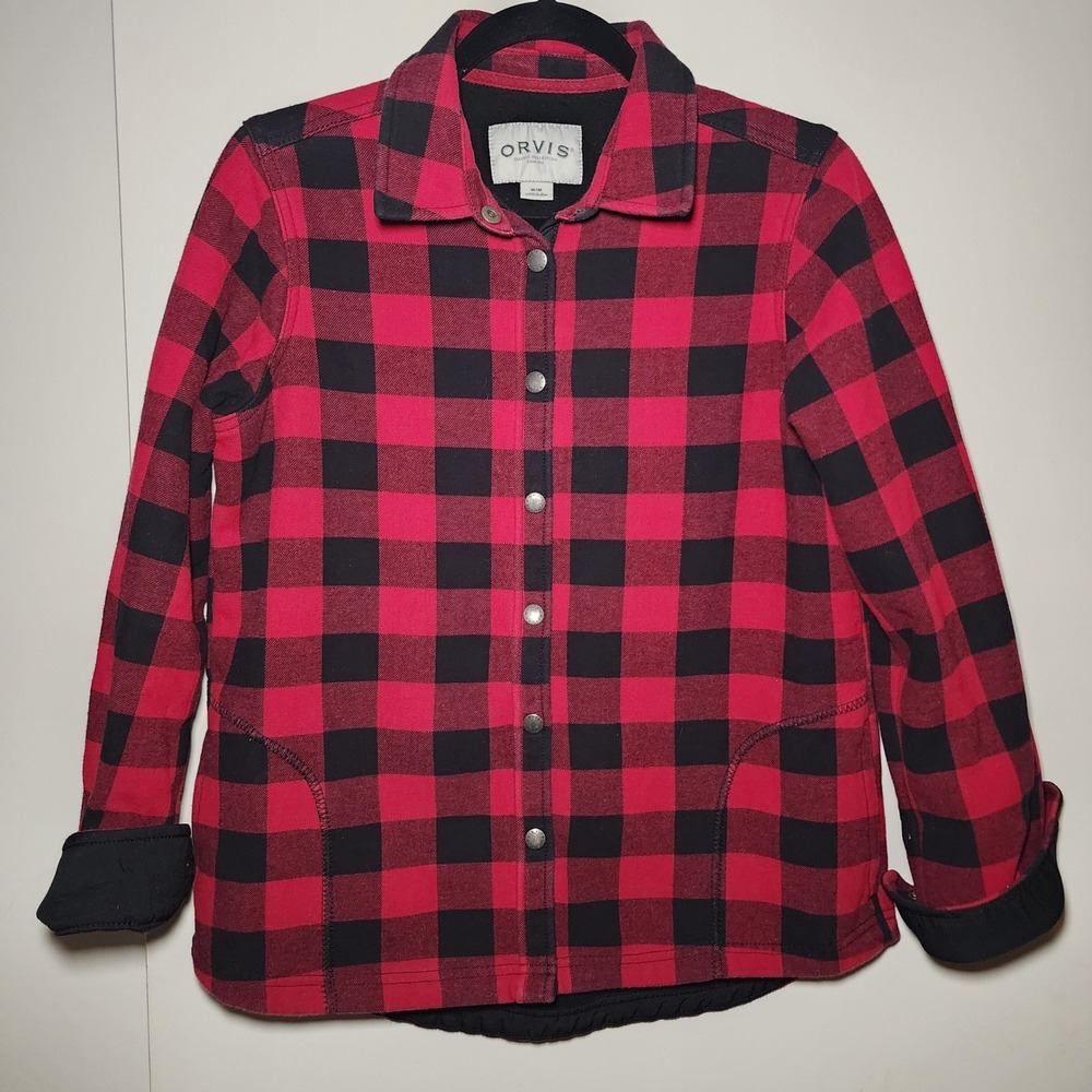Orvis Shirt Jacket Womens Medium Red Black Buffalo Plaid Excellent Snap Front
